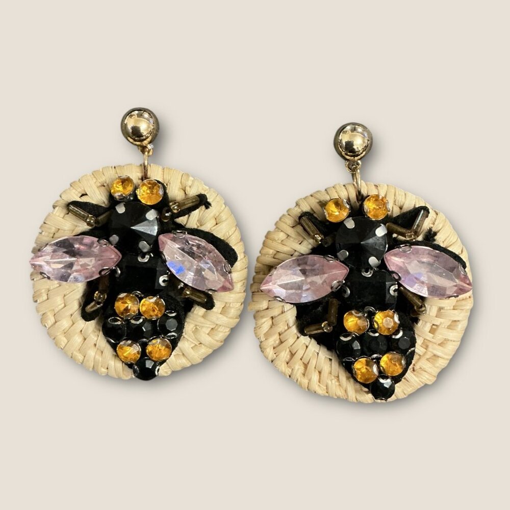 Rhinestone Bee Basket Weave Drop dangle Earrings 2x2 Inches Boho